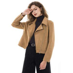 Solid Long Sleeve Faux Suede Motorcycle Jackets Zipper - Style 2-camel